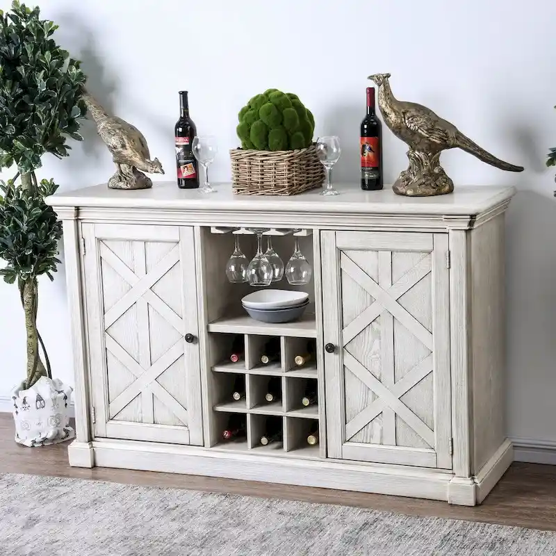 Rustic White 57-Inch Wood Buffet Server with 5 Shelves