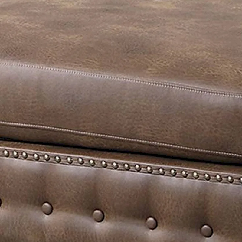 34 Inch Square Ottoman with Handcrafted Legs, Brown Faux Leather