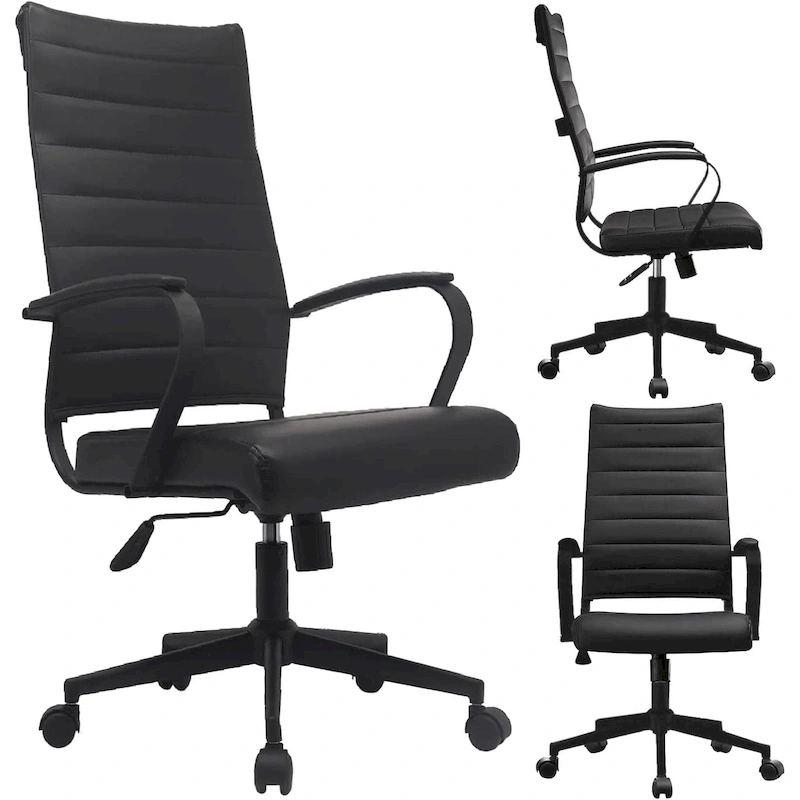 Modern High Back Office Chair Ribbed PU Leather Swivel Tilt Conference Room Computer Desk Cushion Seat Boss