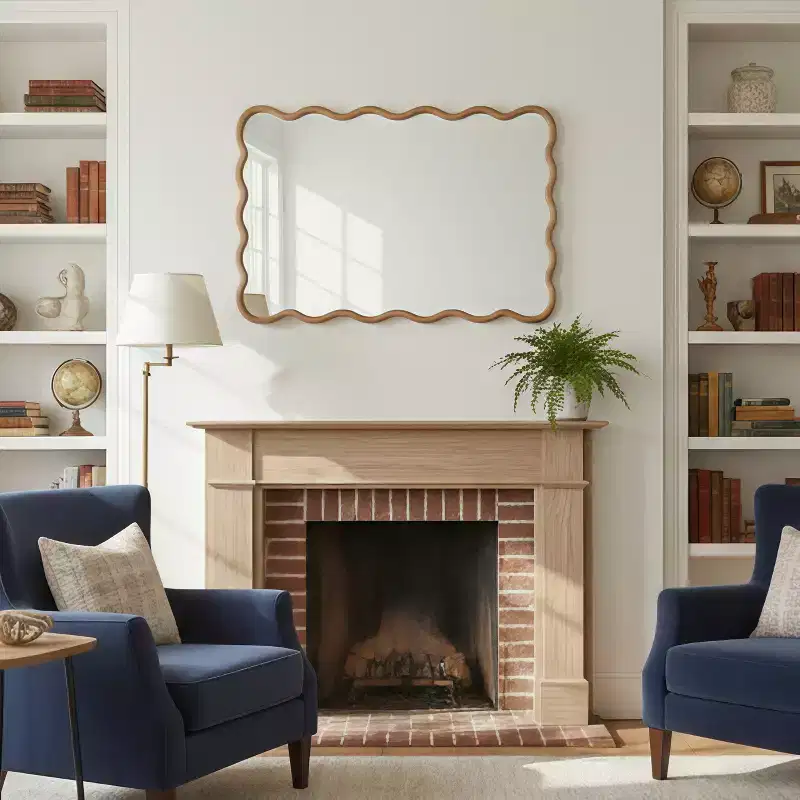 Natural Wood Color 24x36 Wavy Rectangle Solid Wood Frame Decorative Mirror,For Bedroom, Bathroom, Living Room, Entryway