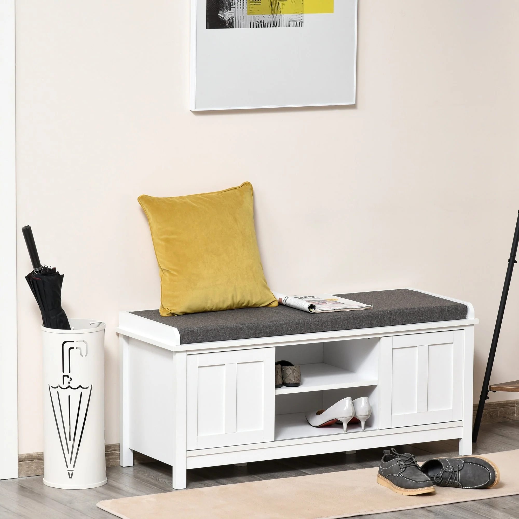 HOMCOM Entryway Shoe Bench Storage Ottoman with Adjustable Shelving, 6 Compartments, and Padded Seat, White/Grey
