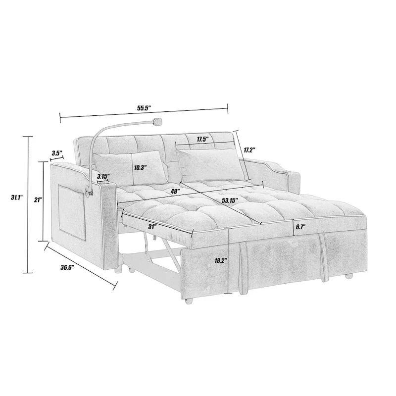 55.51 inch versatile foldable sofa bed in 3 lengths