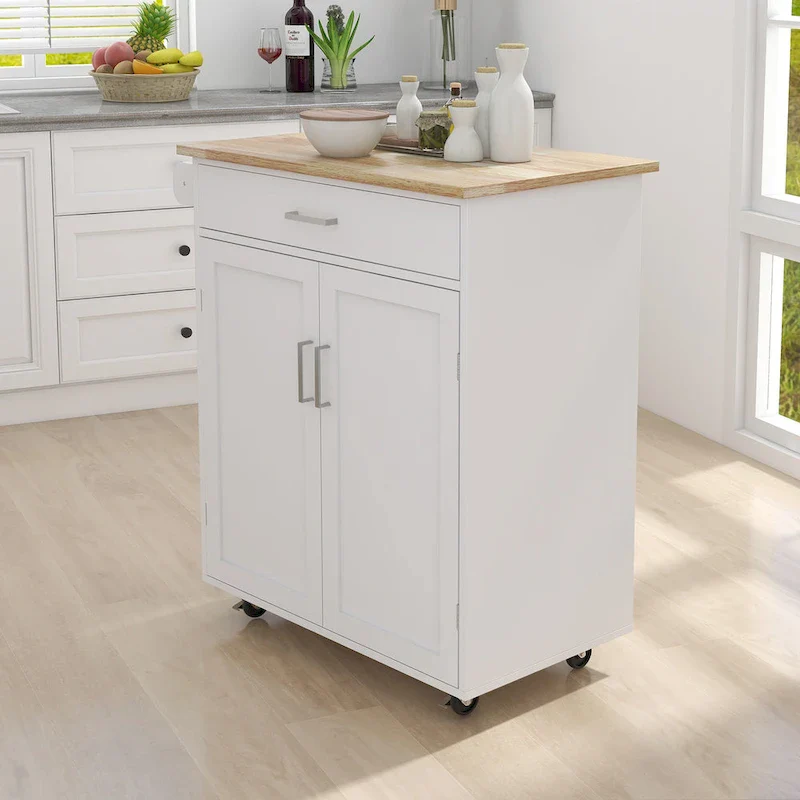 Kitchen Island Cart with Solid Wood Top, Cabinet, Drawers & Locking Wheels