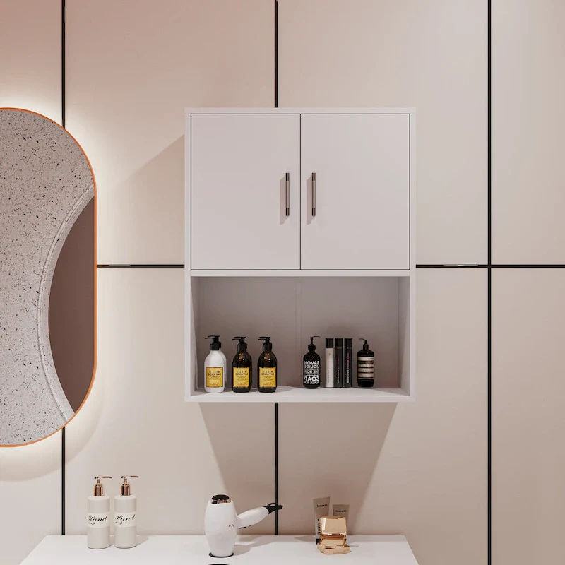 White / Pink Floating Wall-Mounted Storage Cabinet — 2-Shelf, Single-Station