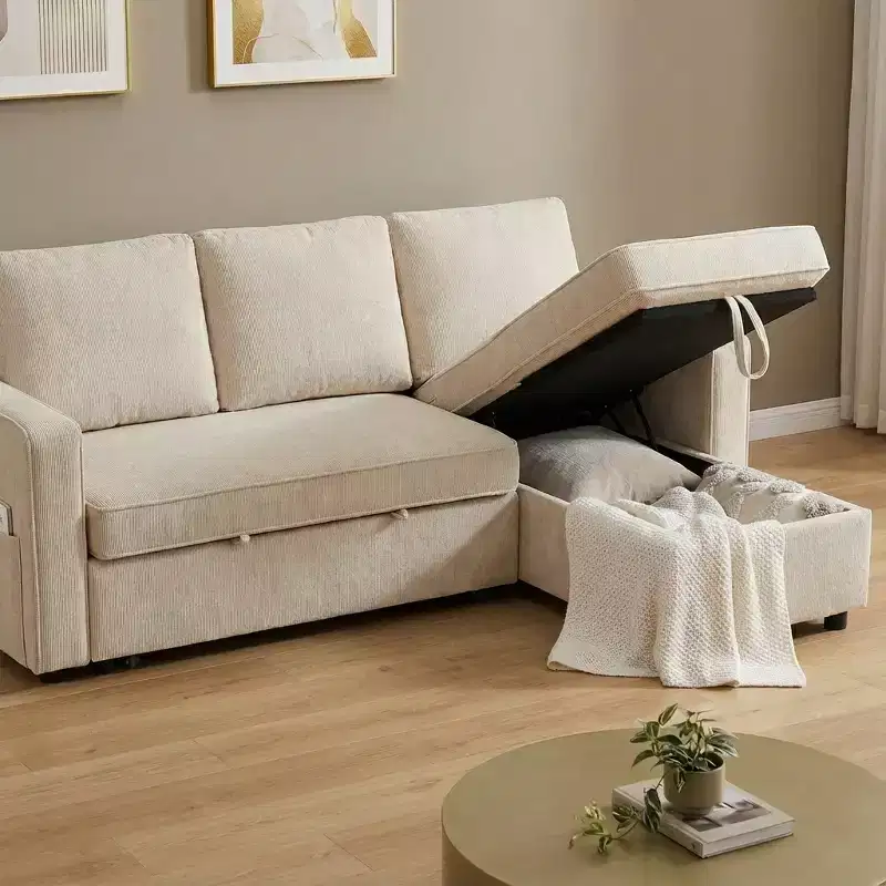 Dyonery 81 Chenille Sleeper Sofa Bed with Reversible Storage Chaise, L-Shaped Pull Out Sectional Couch for Guest Room