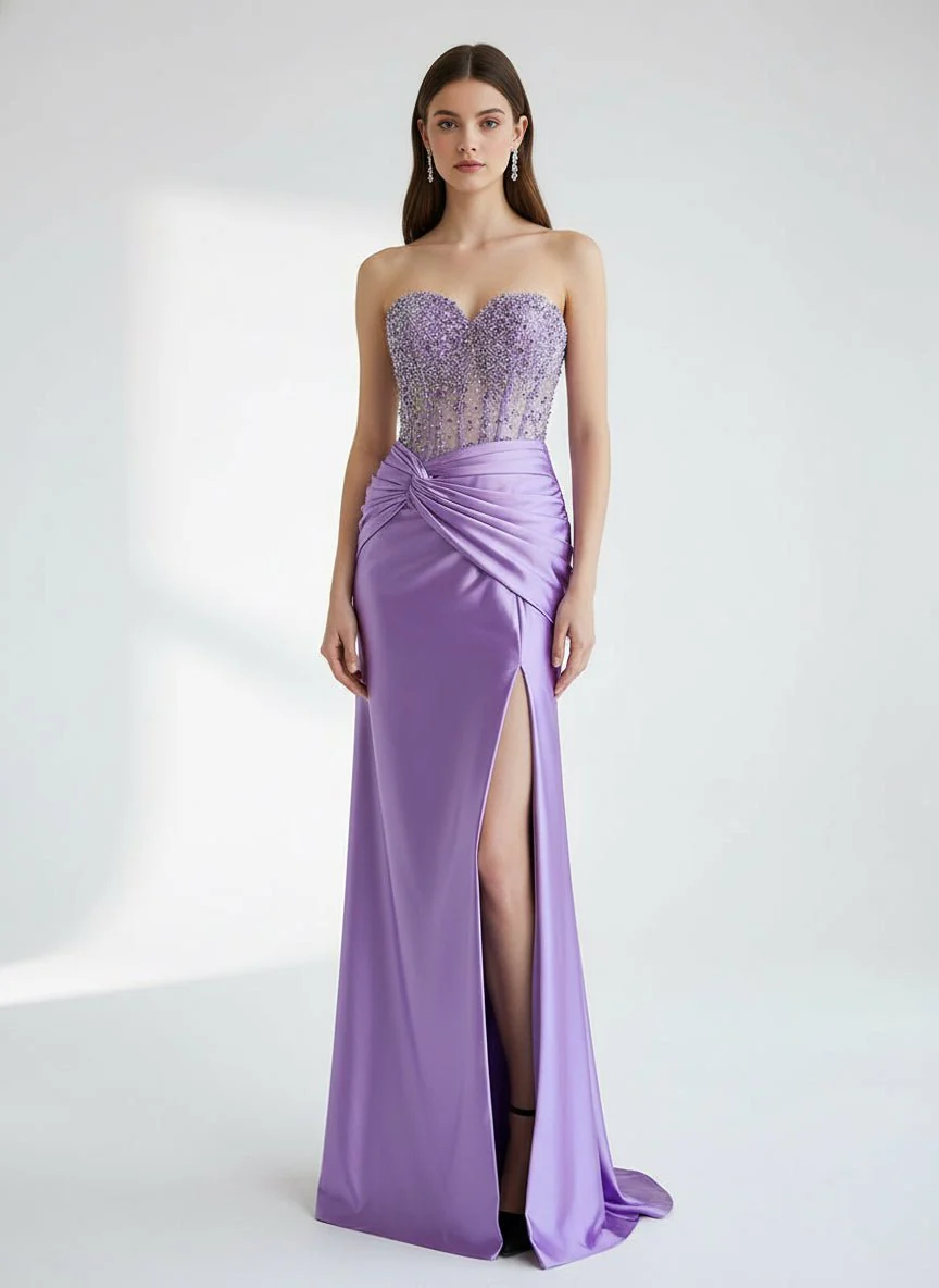 Purple Sweetheart Mermaid Satin Long Prom Dress with Beading