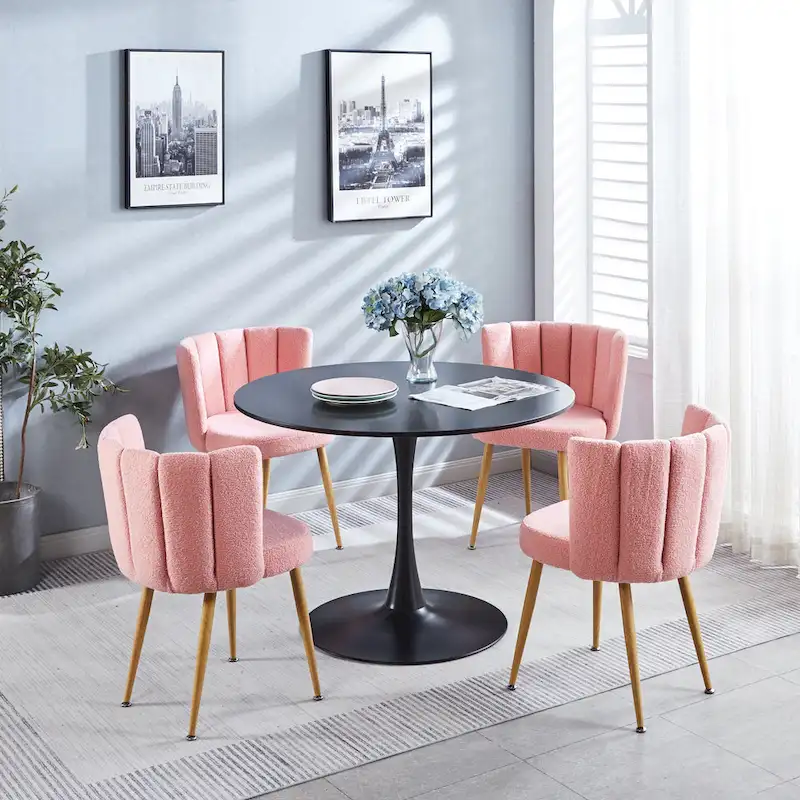 Upholstered Dining Chair Set of 2 with Short Fur Cushion and Metal Legs
