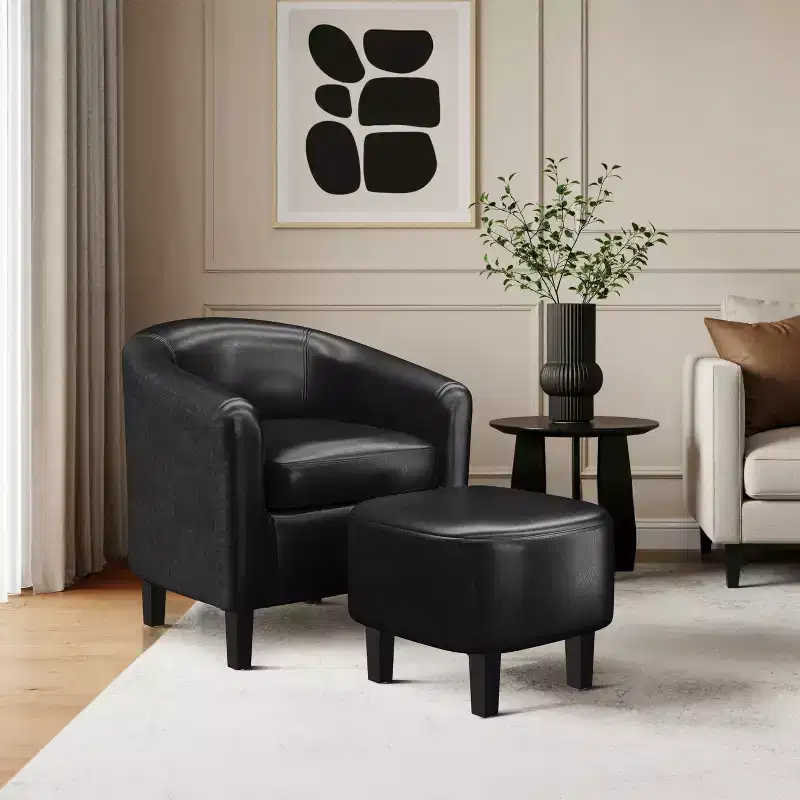 Yaheetech Faux Leather Accent Arm Chair Barrel Chair with Ottoman for Living Room