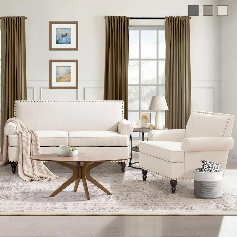 Beige/Grey/Brown Rivet Linen Loveseat & Accent Chair Set, 2-Person + 1-Person