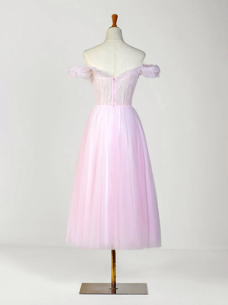 Sweetheart Neck Off the Shoulder Tea Length Tulle Prom Dress