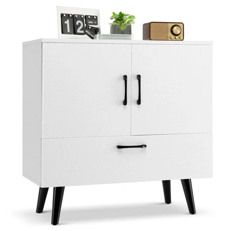 White and Rustic Brown Mid-Century Modern Floor Storage Cabinet with 2 Doors and 1 Pull-Out Drawer