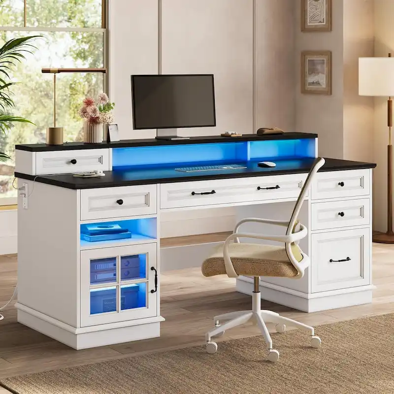 Grey/White/Black Single-Person Computer Desk with Drawers, Storage Cabinet & LED Lights