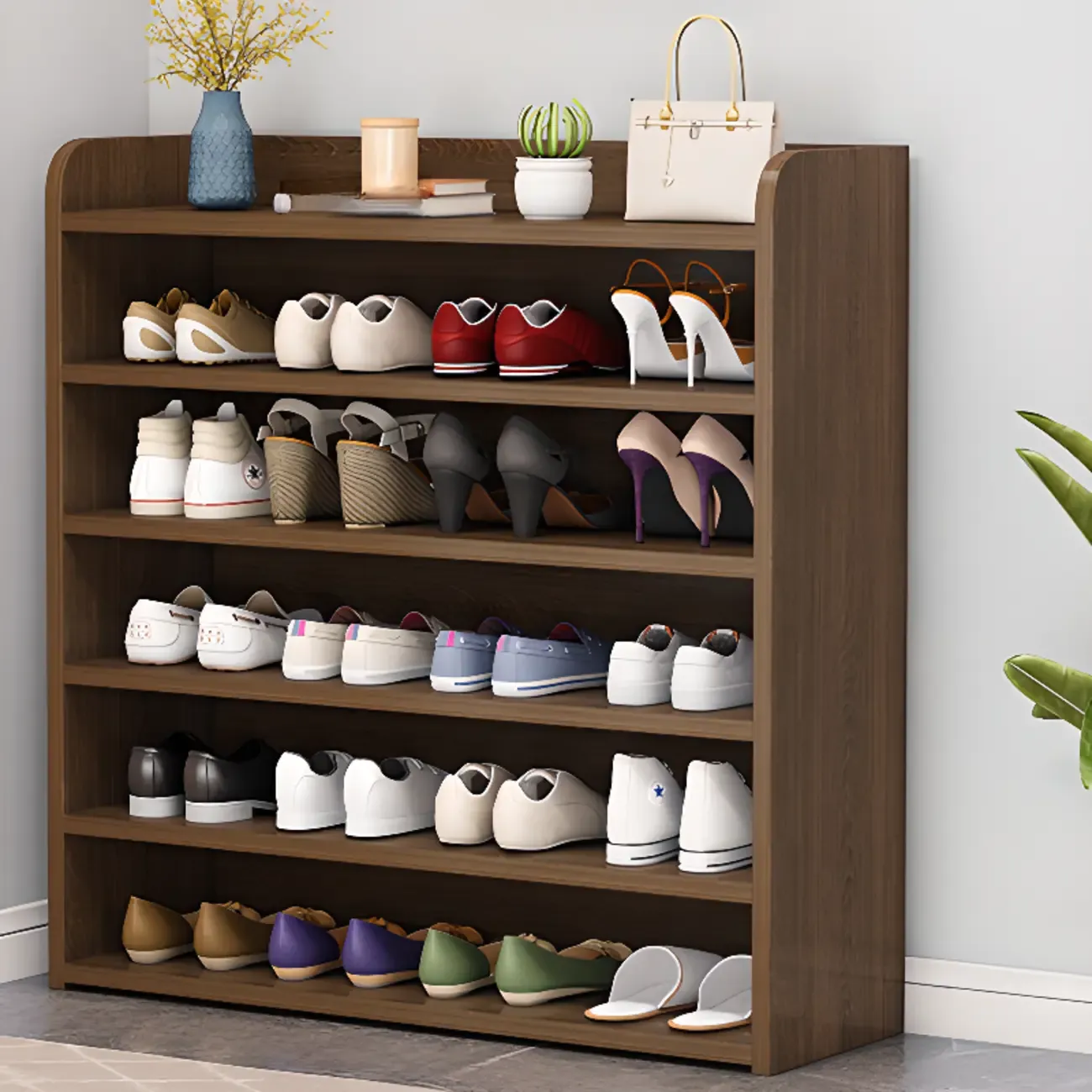 Vertical White Wooden Hallway 6-Tier Open Shoe Rack