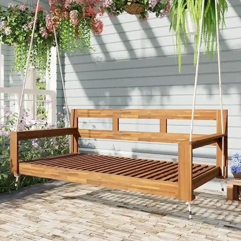 Twin Size Wooden Porch Swing Daybed - Outdoor Hanging Rope Swing with 600lb Weight Capacity for Patio, Garden, Backyard