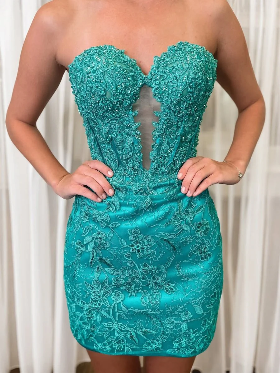 Turquoise - Bodycon Sweetheart Lace Short Tight Homecoming Dresses with Appliques
