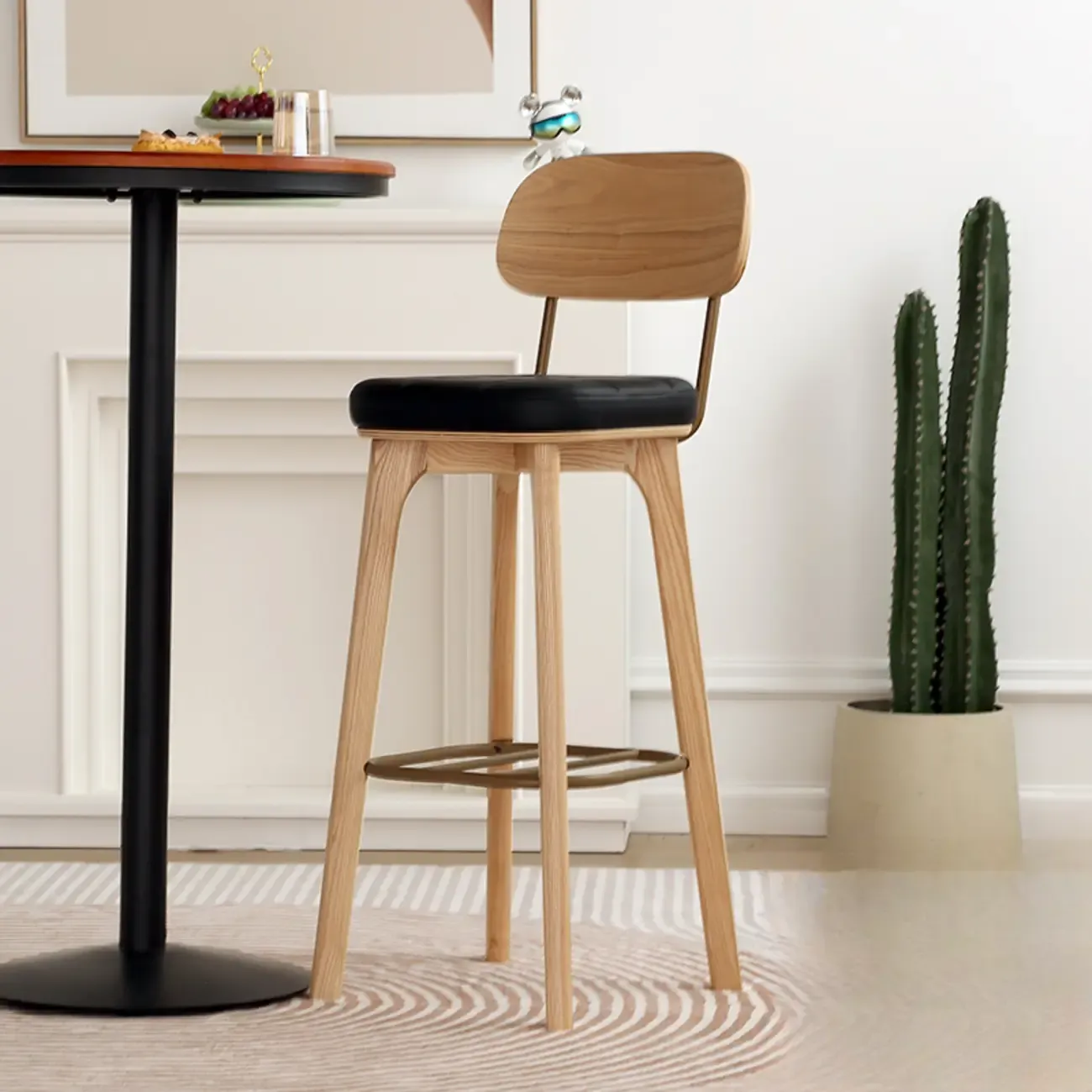Wooden Square Leather Upholstered Bar Stool with Backrest