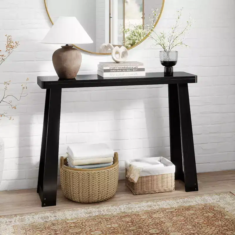 Costway 43-Inch Console Table, Narrow Long Rubberwood Table Behind the Couch for Hallway Black/Walnut