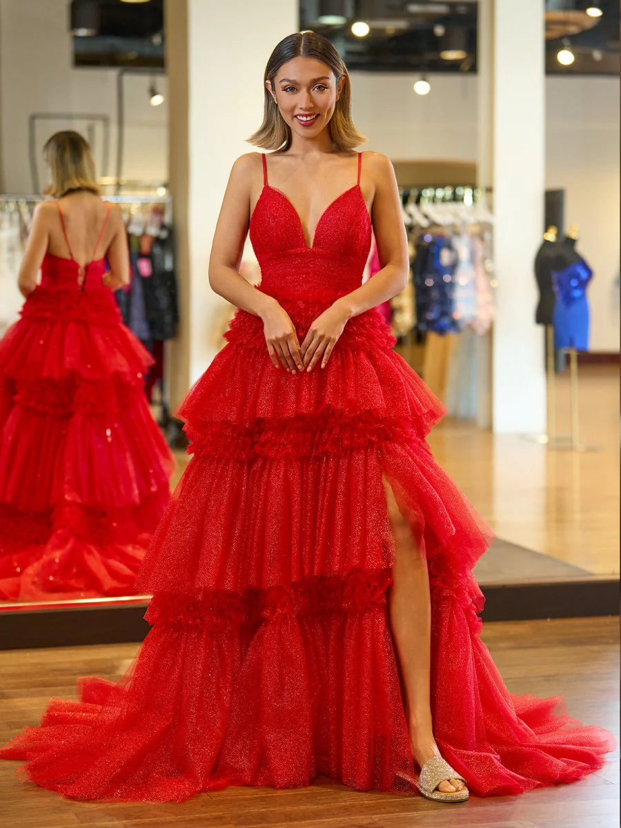 A-Line Spaghetti Straps Long Tiered Tulle Prom Dress With Split