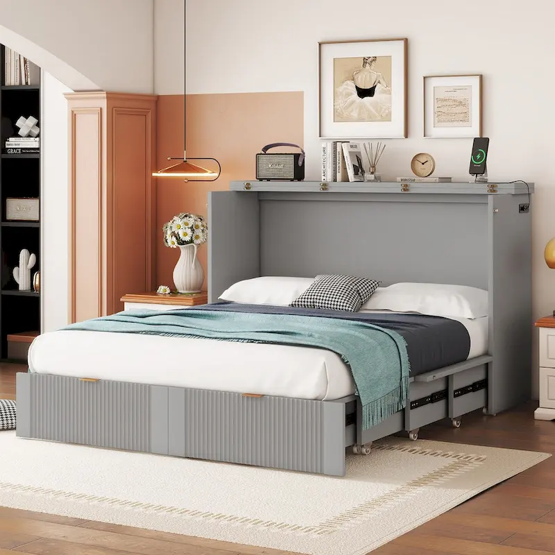 White/Gray Full Size Murphy Wall Bed with 2 Drawers & USB Ports, Sleeps 1