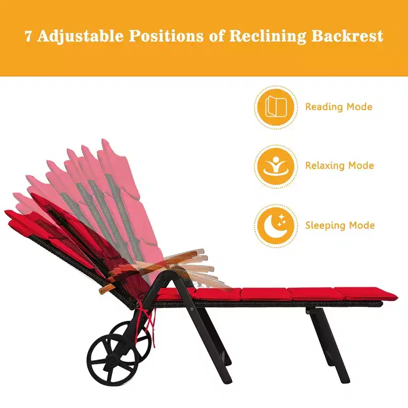Costway 2 PCS Folding Patio Rattan Lounge Chair Cushioned Aluminum w/ Wheel