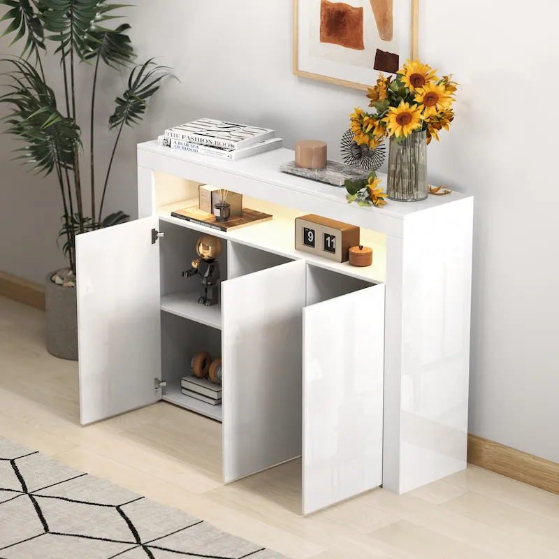 White 3-Door Sideboard with LED Lights, High Gloss Finish