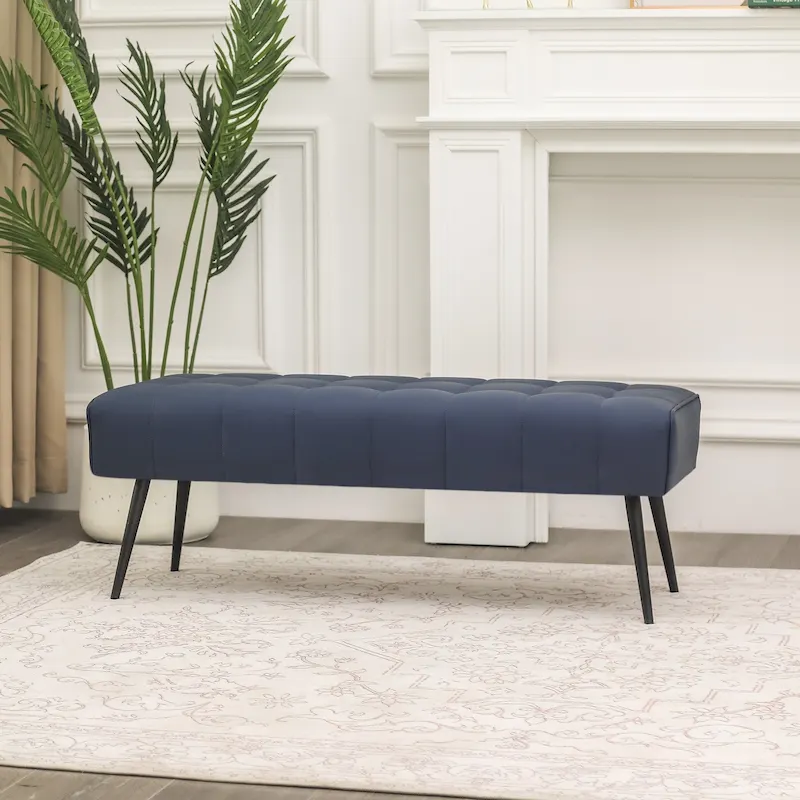 Navy Blue / Dark Orange Faux Leather Tufted Bench, 1-2 Person, 41