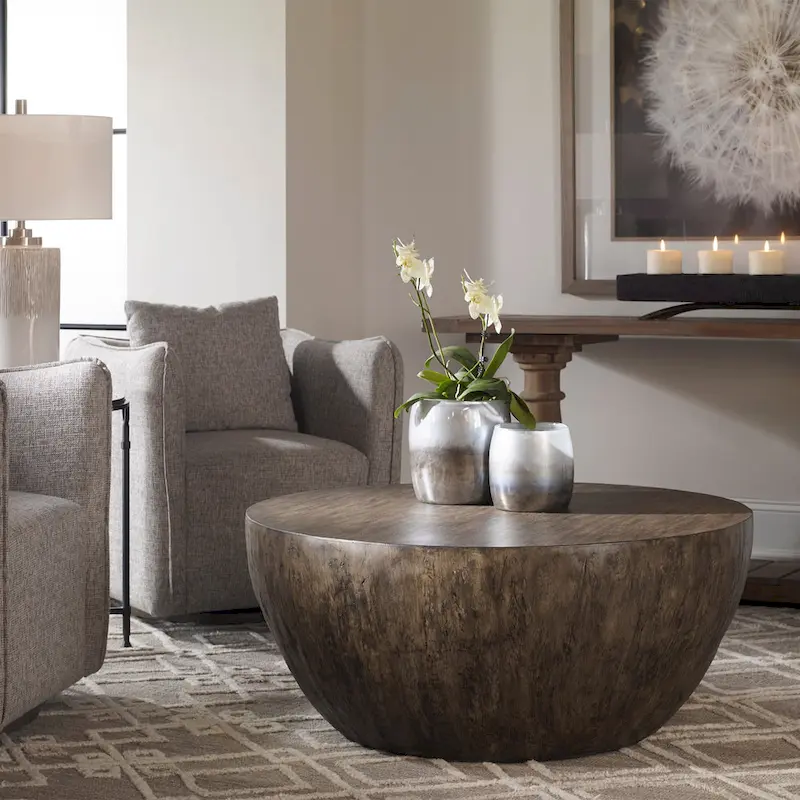 Aged Walnut Wood Round Coffee Table