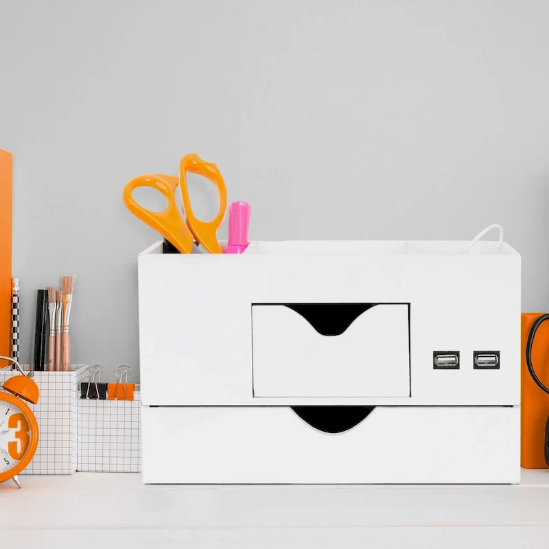 White 5-Compartment Desk Organizer with USB Ports, 1 User