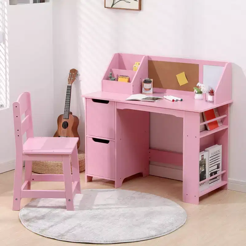 Desk and Chair Set with Storage Cabinets, Bulletin Board, Bookshelf, Side Shelves, Ideal Study & Art Table for Kids Ages 3-8, Spacious Storage