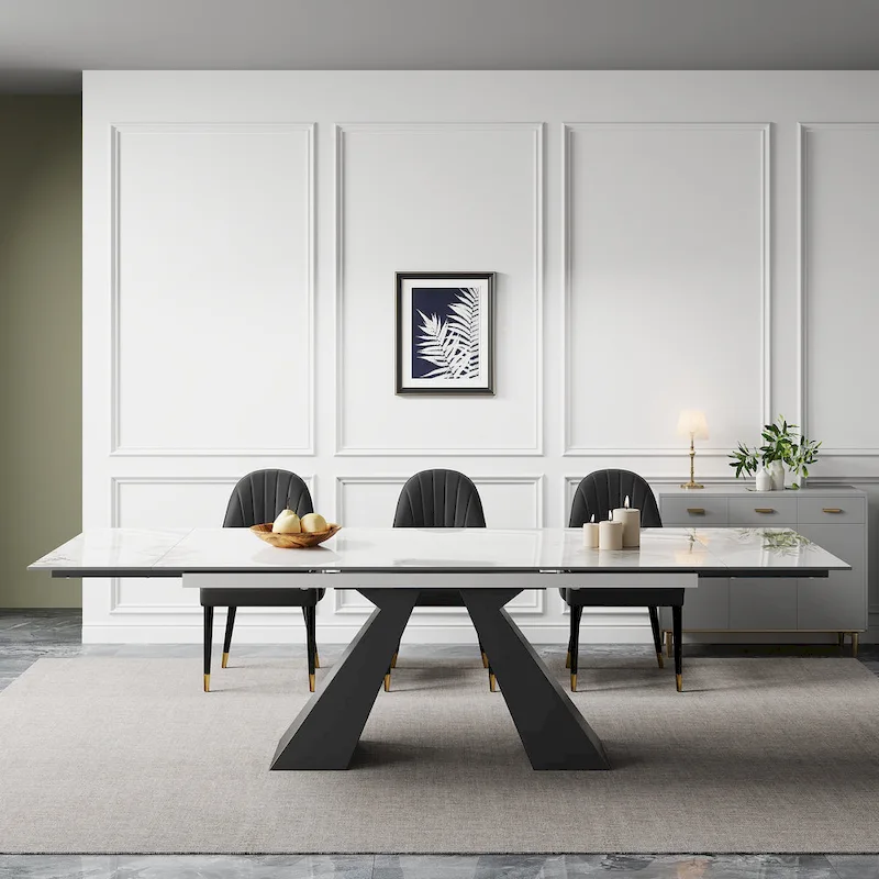 9 - Piece 110.24 Extendable Sintered Stone Dining Table and 8 Leather Chairs Dining Set