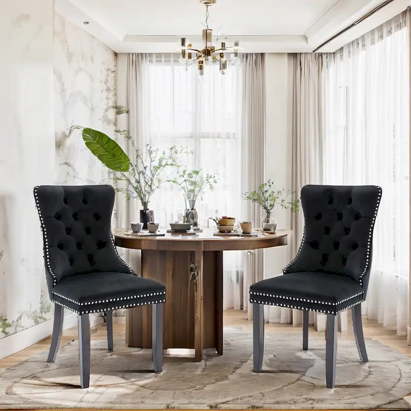 Set of 2 Velvet Dining Chairs,Tufted Solid Wood Armless Chairs Accent Chair with Nailhead Trim and Back Ring Pull