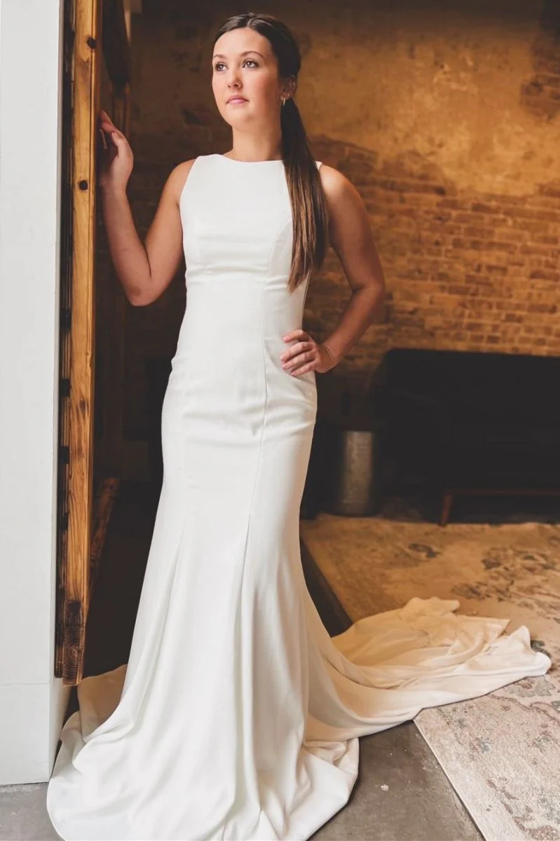 White Satin Bateau Open Back Mermaid  Long Wedding Dress