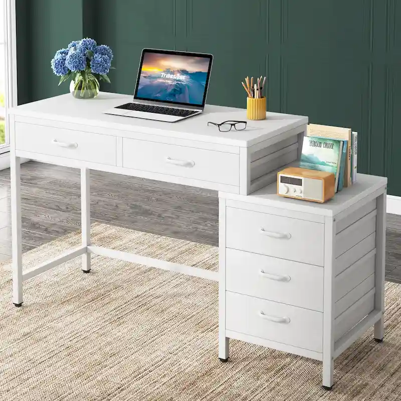 Reversible Computer Desk with 5 Drawers, Home Office Desk with File Cabinet Drawer Printer Stand