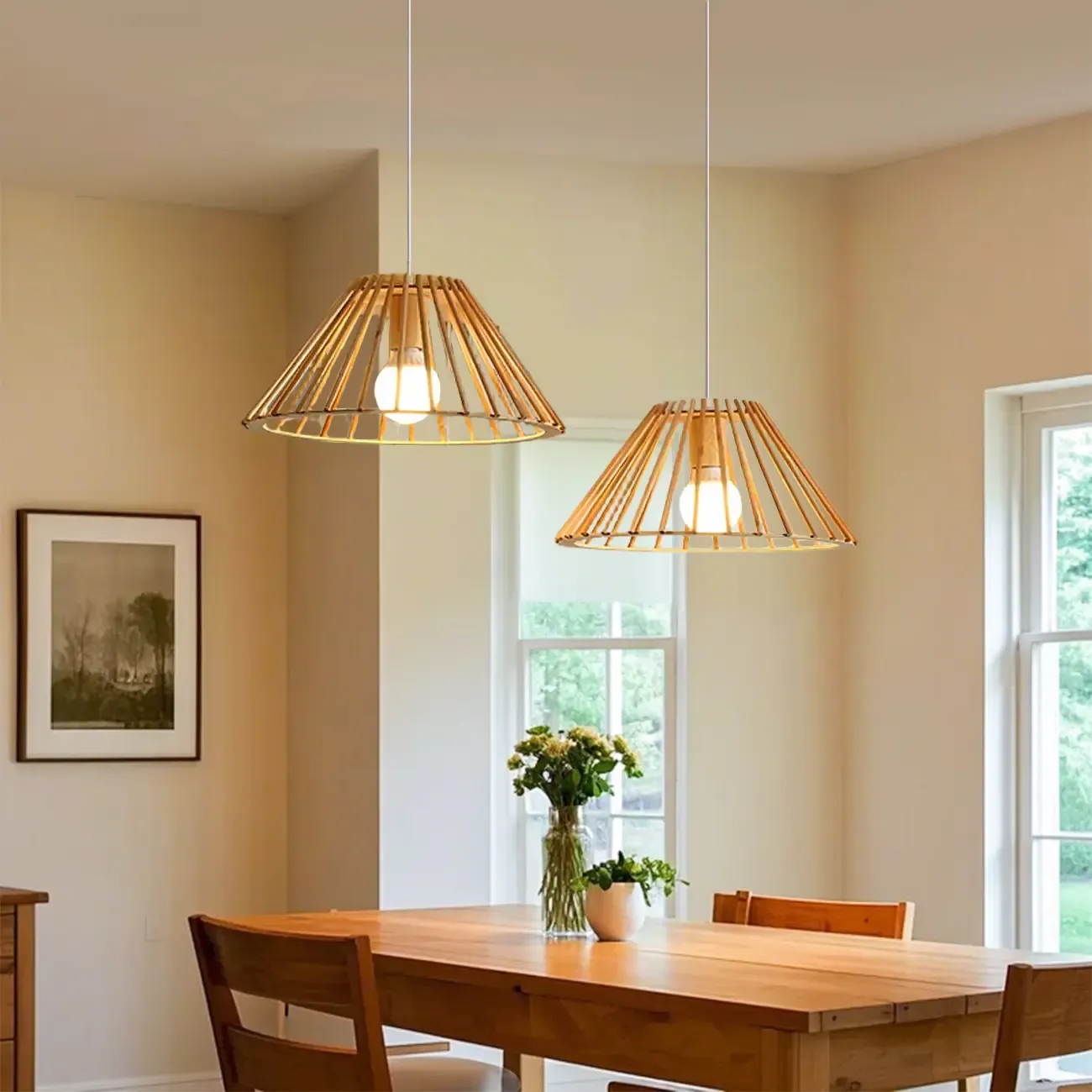 2 Light Natural Wood Polygonal Pendant Light for Kitchen