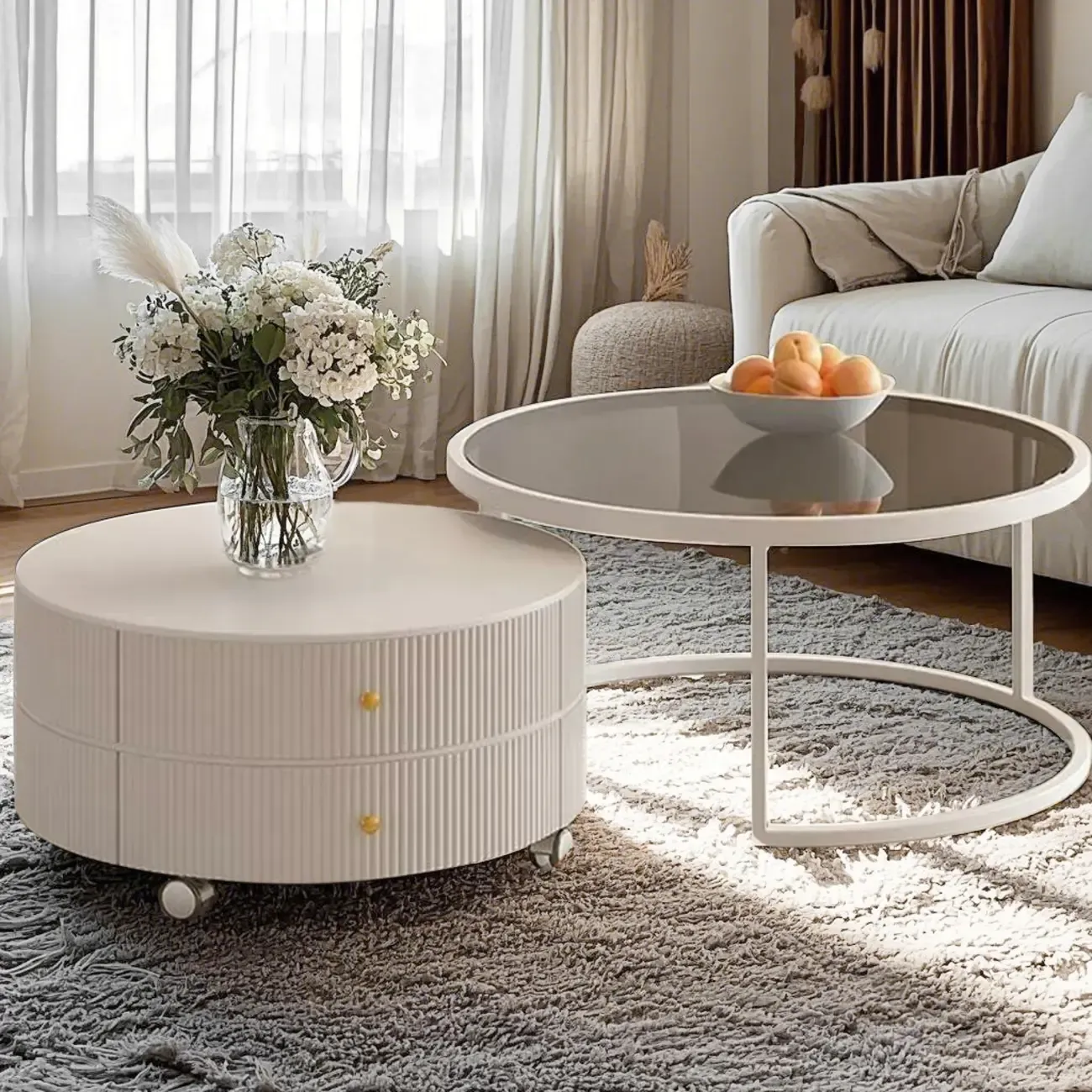 White Round Wheeled Round Wood Drawer Coffee Table