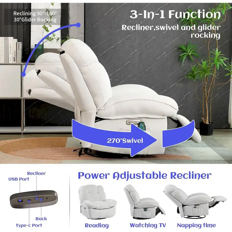 Swivel Power Recliner Chair, Massage Rocker with Heat, USB, USB-C and Side Pocket