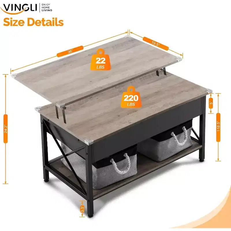 VINGLI 36 Lift Top Coffee Table with Cloth Storage Bins, Farmhouse Coffee Tables for Living Room, Black & Gray