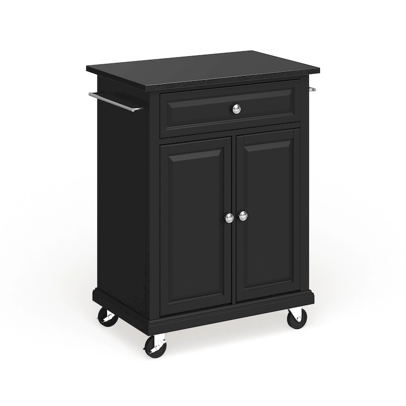 Compact Solid Black Granite Top Portable Kitchen Cart/ Island in Black Finish - 18d x 31w x 35.5h