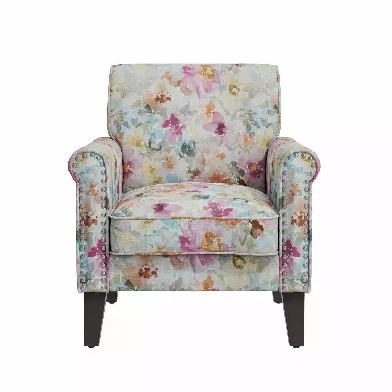 Handy Living Janet Traditional Rolled Arm Accent Chair with Pewter Nailheads Floral Pattern Pink