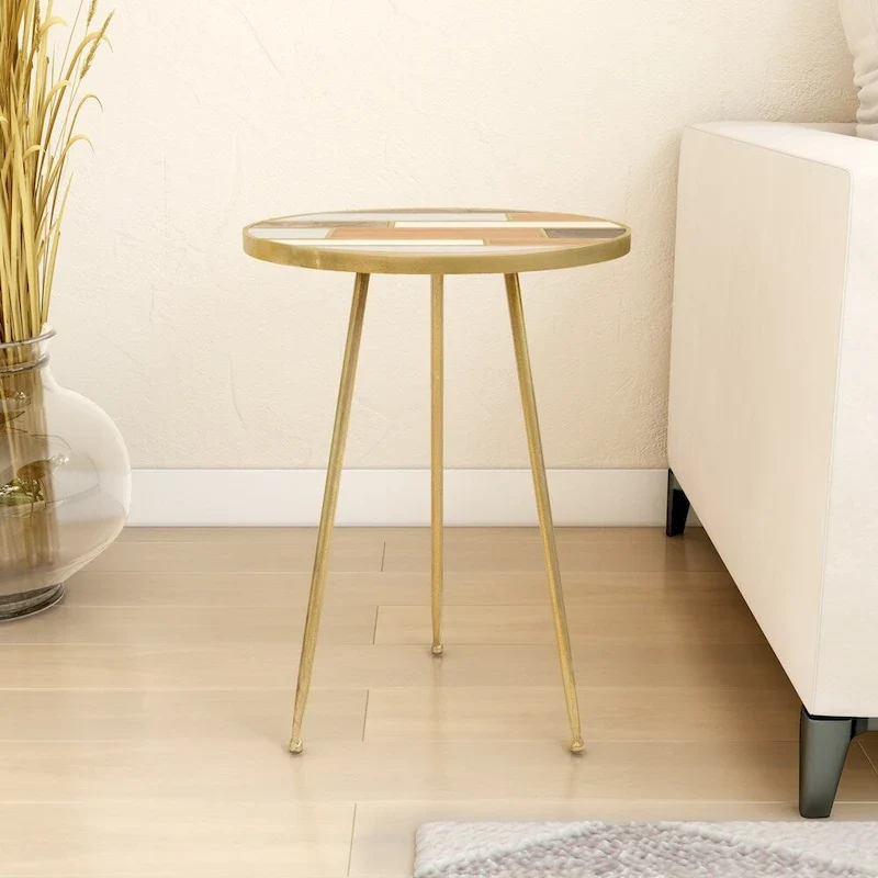 Gold Wood & Metal Round Accent Side Table with Inlaid Multi-Tone Wood Plank Top