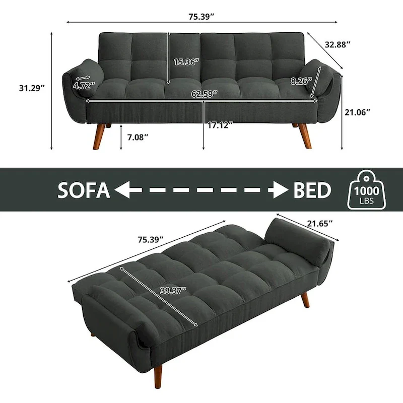 75.39 IN. Futon Sofa Bed, Convertible Upholstered Couch Sleeper with Reclining Sleeper Split Tufted Back