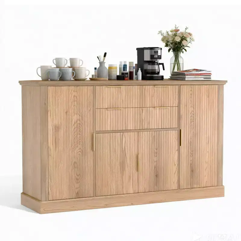 Fluted Buffet Cabinet , 58 Sideboard with 4 Doors & 2 Drawers, Storage Cabinet, Kitchen Console Table with Gold Handles, Coffee Bar & Credenza