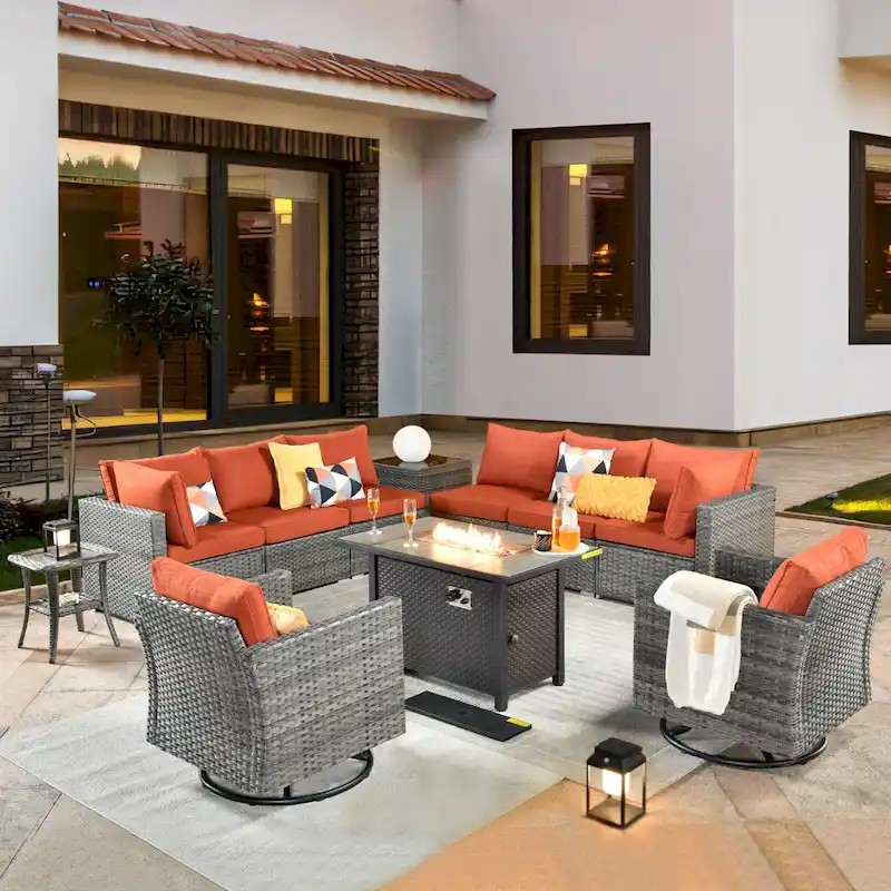 HOOOWOOO 11-piece Rattan Wicker Outdoor Furniture Set Swivel Chairs with Fire Pit