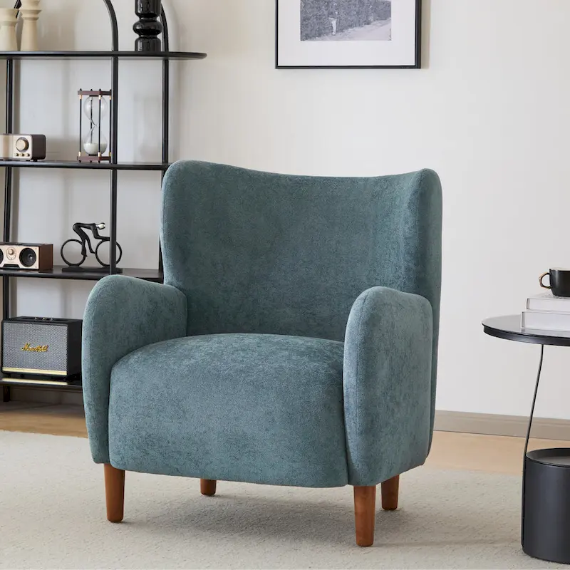 Wingback Club Chair, Mid-Century, Plush Velvet, Solid Wood & Birch Legs, Seats 1, Blue/Brown
