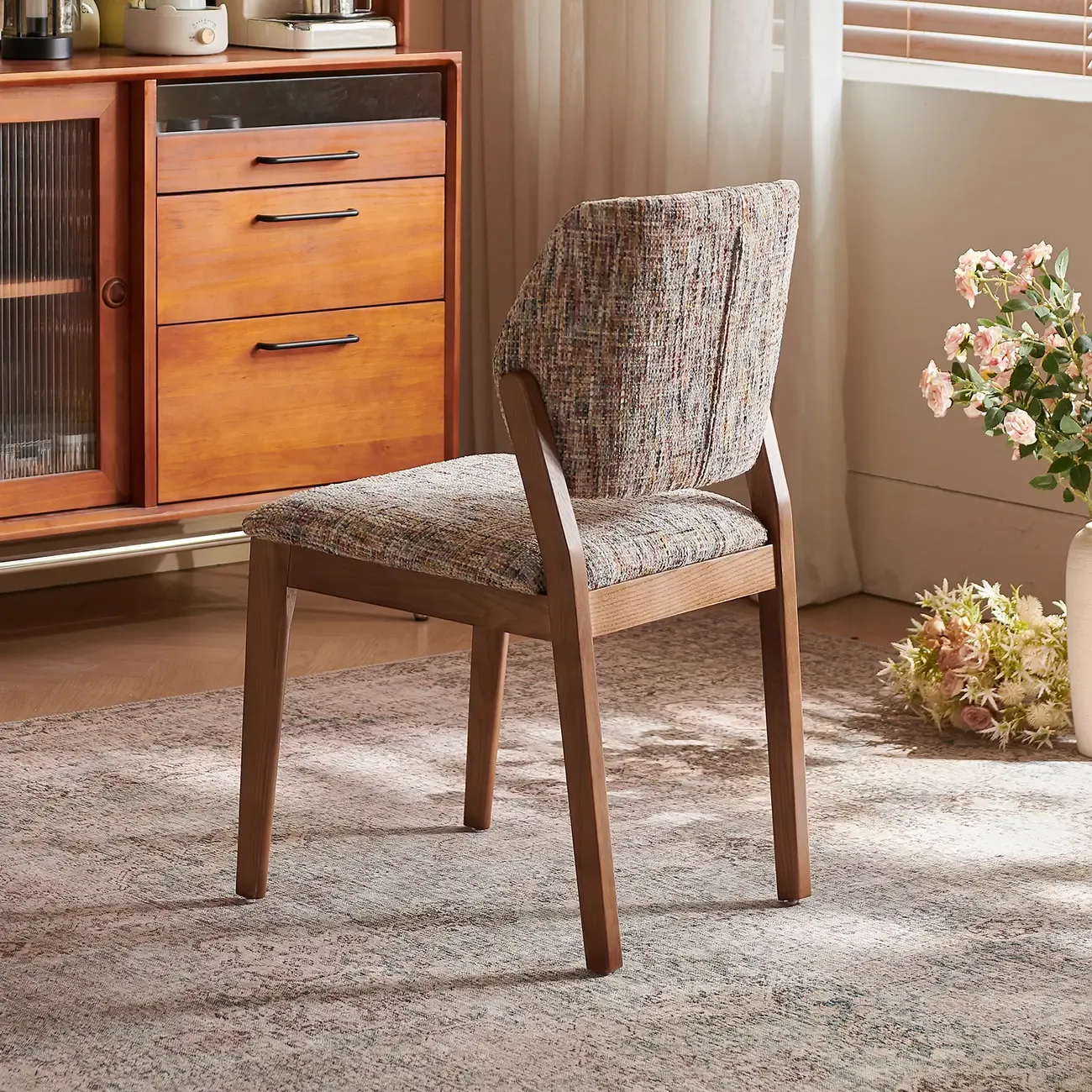 Mid Century Modern Wood Chenille Dining Chair Upholstery