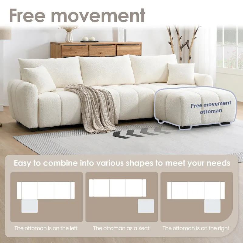 100 L-Shaped Sofa Boucle Fabric Couch with Movable Ottoman