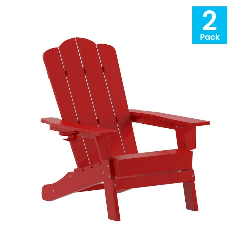Set of 2 Commercial All-Weather Adirondack Chairs with Cupholders