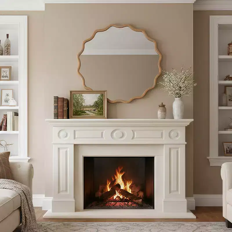 Natural Wood Color 36 inch Wavy Round Solid Wood Frame Decorative Mirror,For Bedroom, Bathroom, Living Room, Entryway