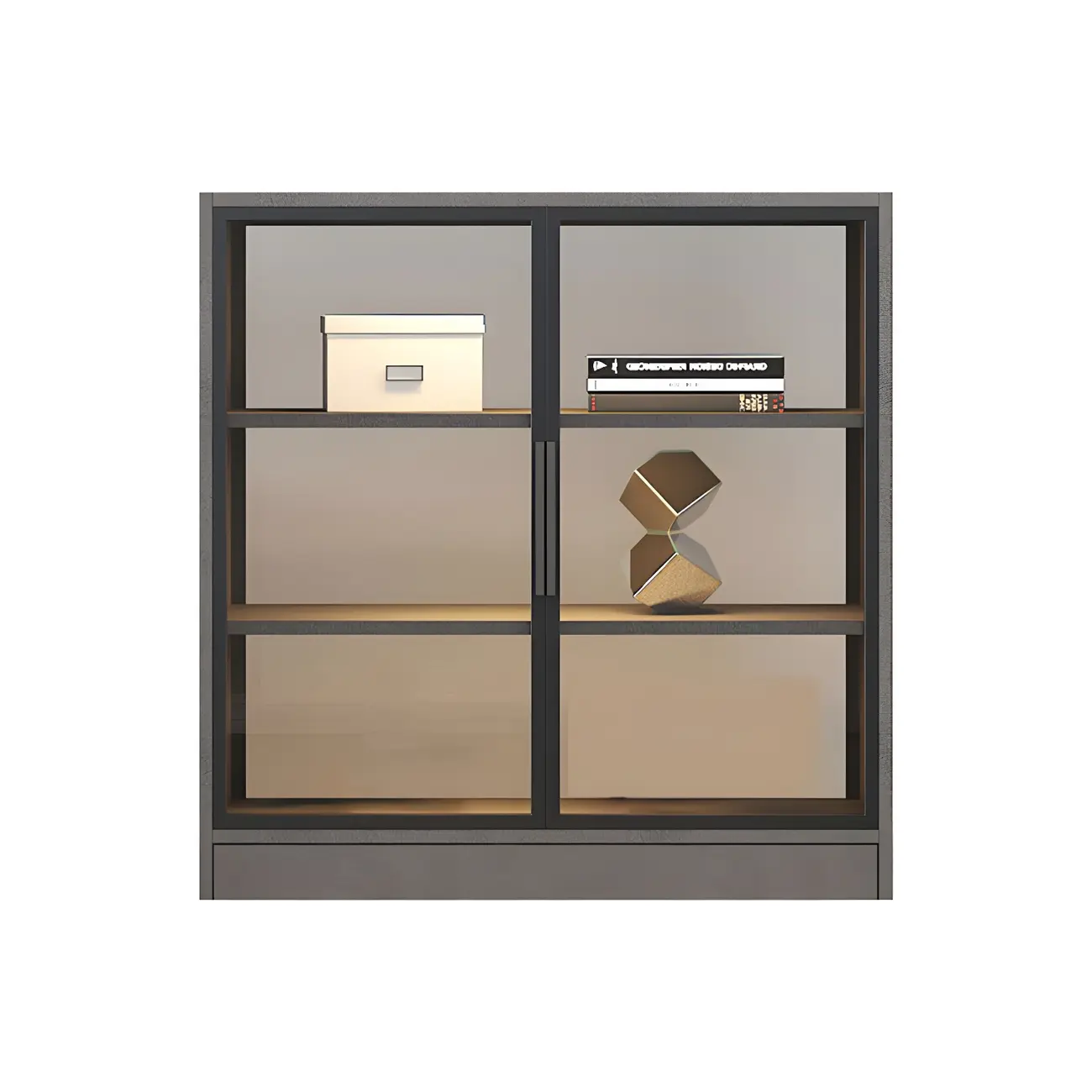 Square 2-Shelf Black Wooden Display Cabinet with Light