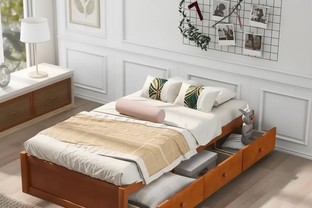 Twin Size Platform Storage Bed with 3 Drawers, Solid Pine Wood Frame